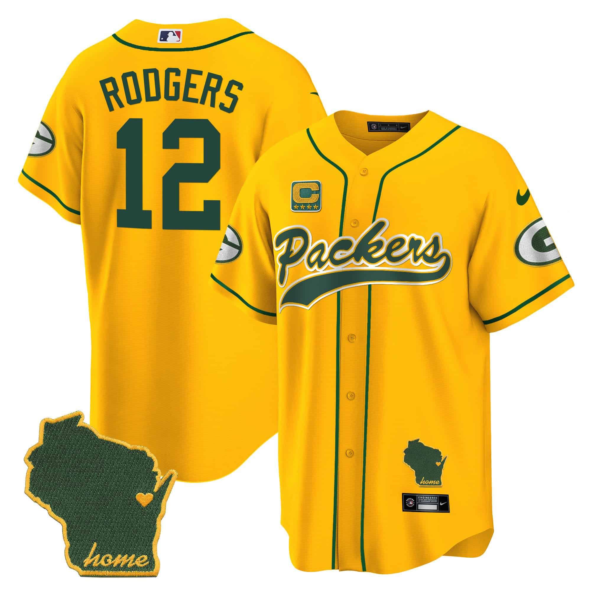 Men Green Bay Packers 12 Rodgers Yellow 2024 Nike Home Patch Baseball NFL Jersey